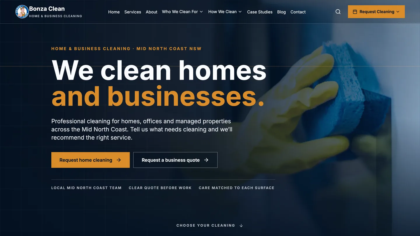 Screenshot of Bonza Clean website showing residential and commercial cleaning services for Mid North Coast NSW
